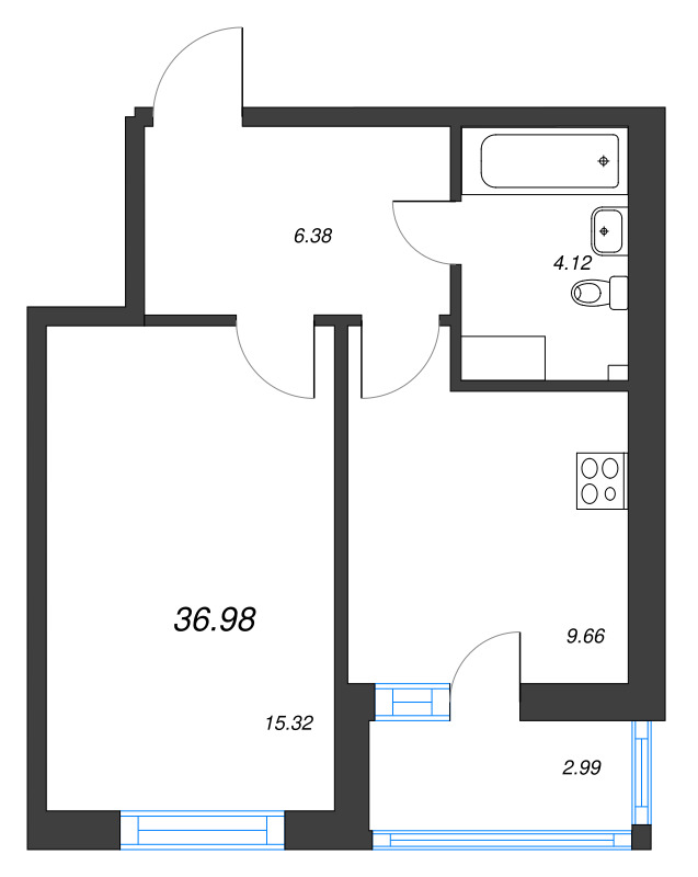 1-комнатная квартира, 36.98 м² в ЖК "Аквилон Янино" - планировка, фото №1