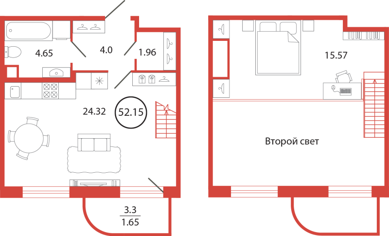 2-комнатная (Евро) квартира, 52.15 м² в ЖК "Энфилд" - планировка, фото №1
