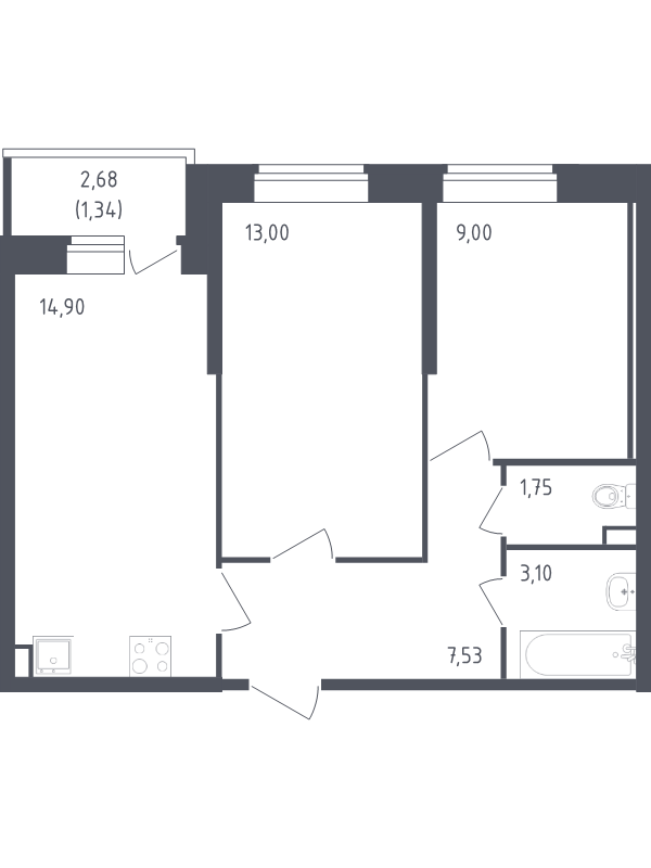 2-комнатная квартира, 50.62 м² - планировка, фото №1
