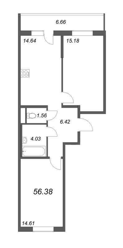 2-комнатная квартира, 64.08 м² - планировка, фото №1