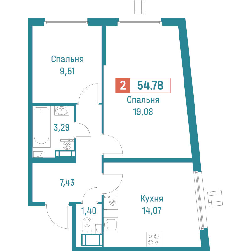 2-комнатная квартира, 54.78 м² в ЖК "Графика" - планировка, фото №1