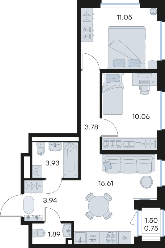 3-комнатная (Евро) квартира, 51.01 м² - планировка, фото №1