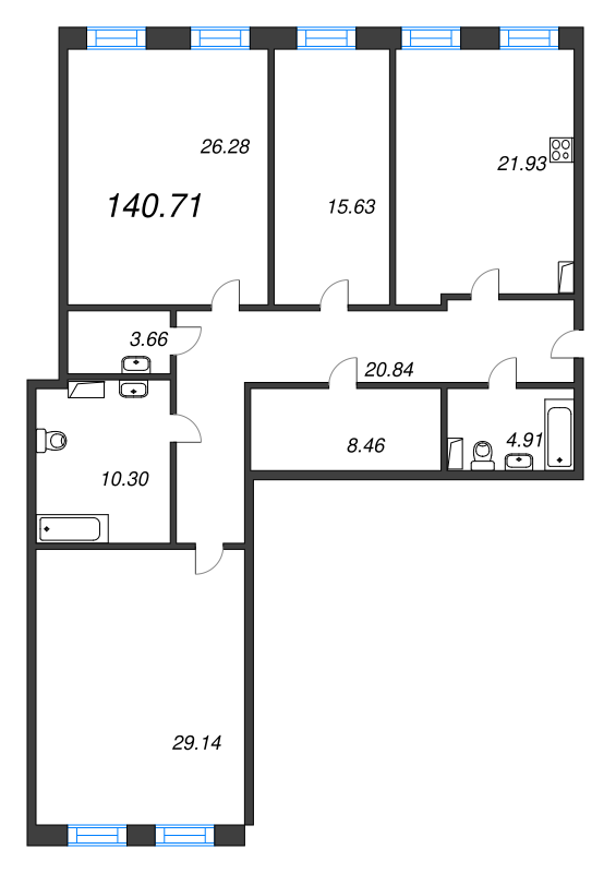 4-комнатная (Евро) квартира, 141.1 м² в ЖК "Манхэттэн" - планировка, фото №1