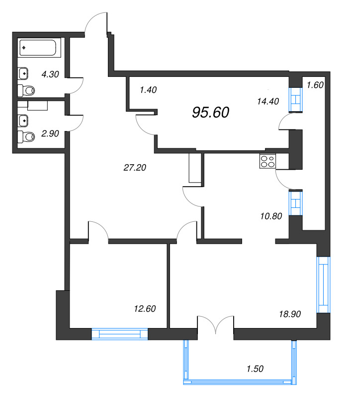 3-комнатная квартира, 95.95 м² - планировка, фото №1