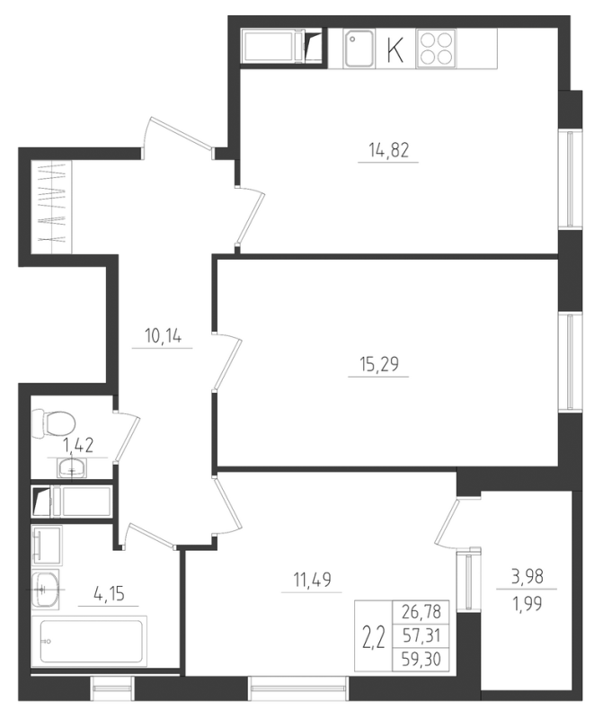 2-комнатная квартира, 59.3 м² - планировка, фото №1