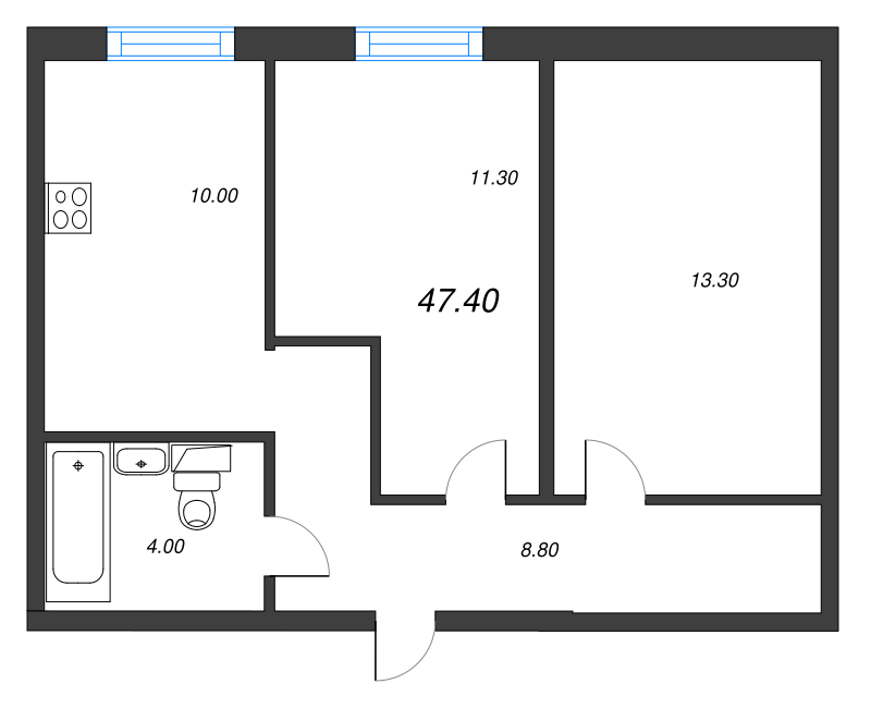 1-комнатная квартира, 47.4 м² - планировка, фото №1