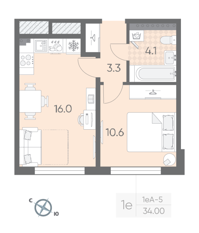 2-комнатная (Евро) квартира, 34 м² в ЖК "Пулково Lake" - планировка, фото №1