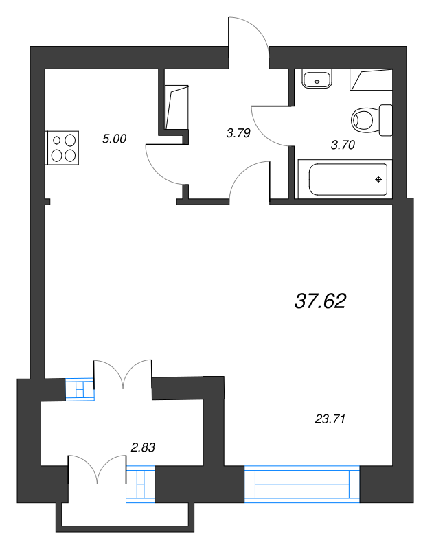 1-комнатная квартира, 39.5 м² - планировка, фото №1