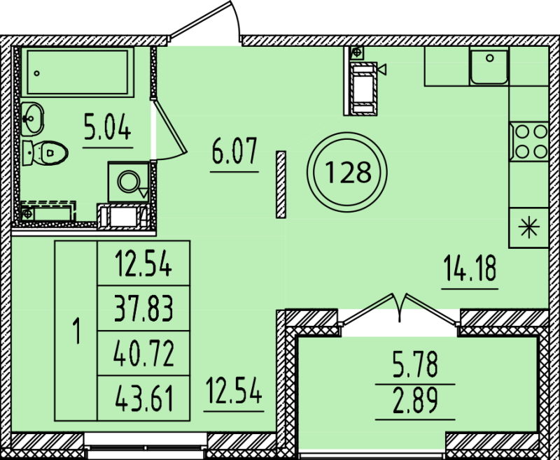 1-комнатная квартира, 37.83 м² в ЖК "Образцовый квартал 14" - планировка, фото №1