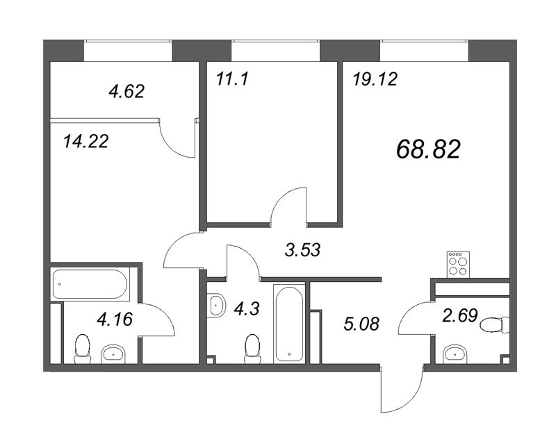3-комнатная (Евро) квартира, 68.82 м² - планировка, фото №1