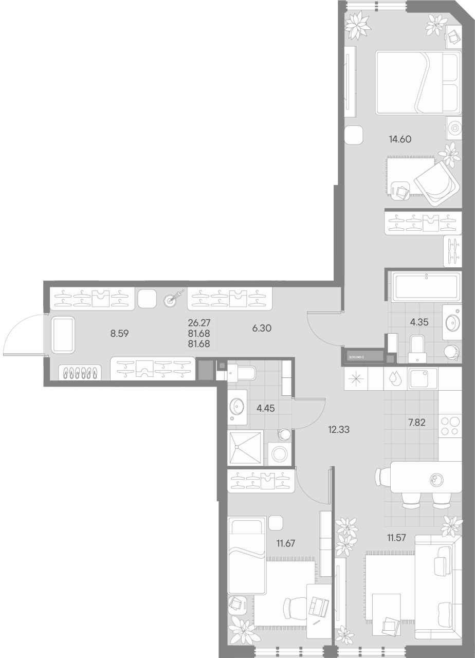 3-комнатная (Евро) квартира, 81.68 м² - планировка, фото №1