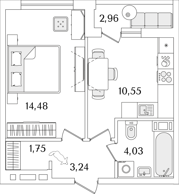 1-комнатная квартира, 35.53 м² - планировка, фото №1