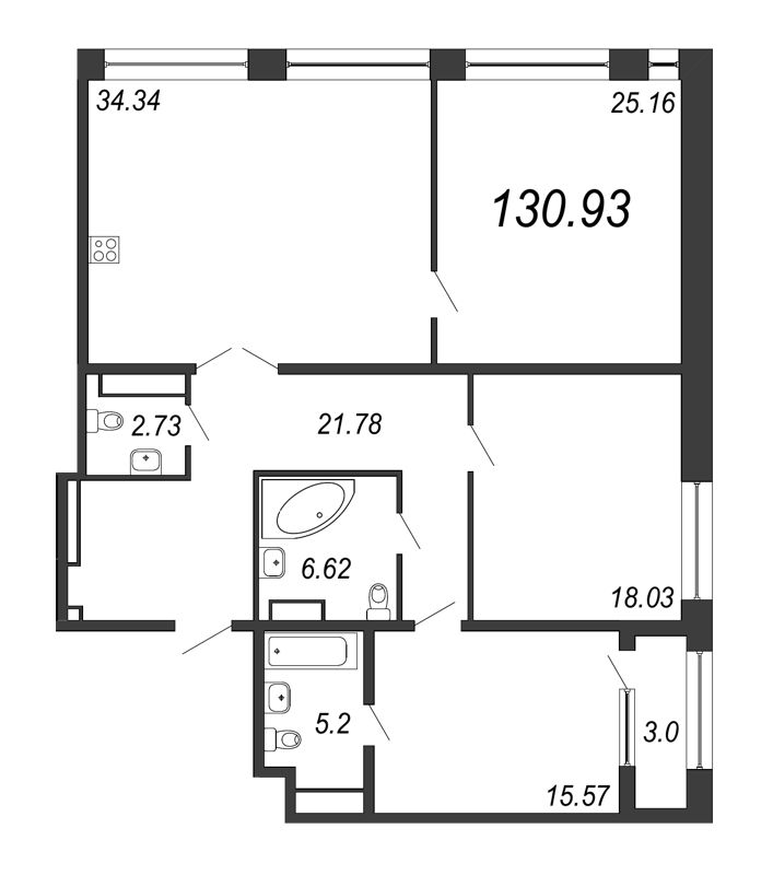 4-комнатная (Евро) квартира, 130.93 м² в ЖК "Дефанс Премиум" - планировка, фото №1