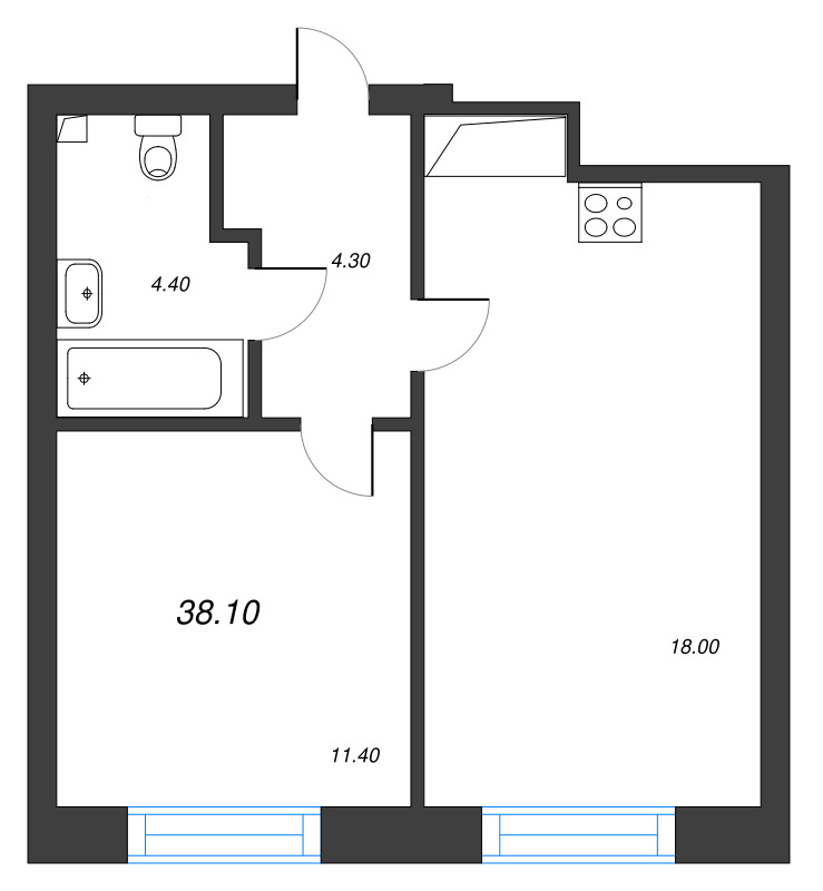 2-комнатная (Евро) квартира, 38.1 м² в ЖК "Большая Охта" - планировка, фото №1