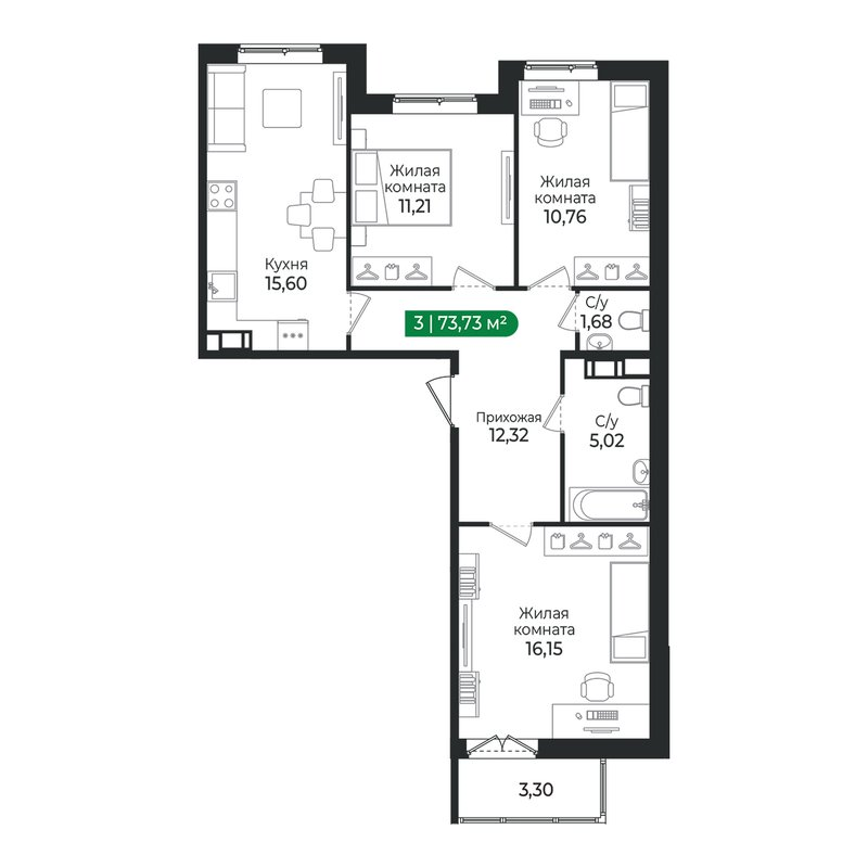 4-комнатная (Евро) квартира, 75.07 м² в ЖК "Сертолово Парк" - планировка, фото №1