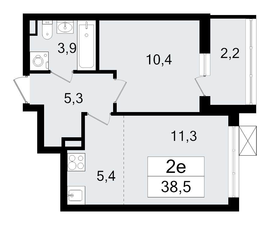 2-комнатная (Евро) квартира, 38.5 м² - планировка, фото №1