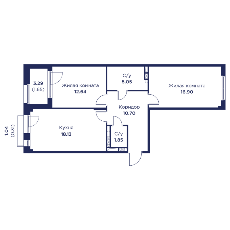 3-комнатная (Евро) квартира, 67.23 м² в ЖК "Кронфорт. Центральный" - планировка, фото №1