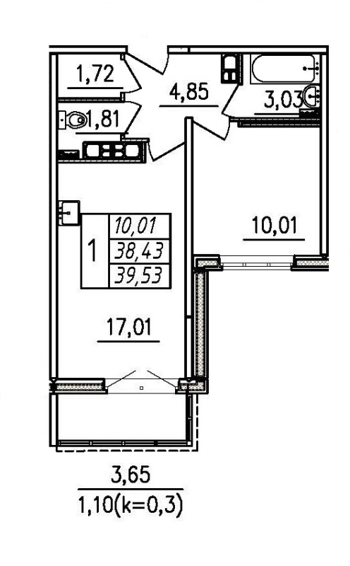2-комнатная (Евро) квартира, 39.53 м² в ЖК "Меридиан Шушары" - планировка, фото №1