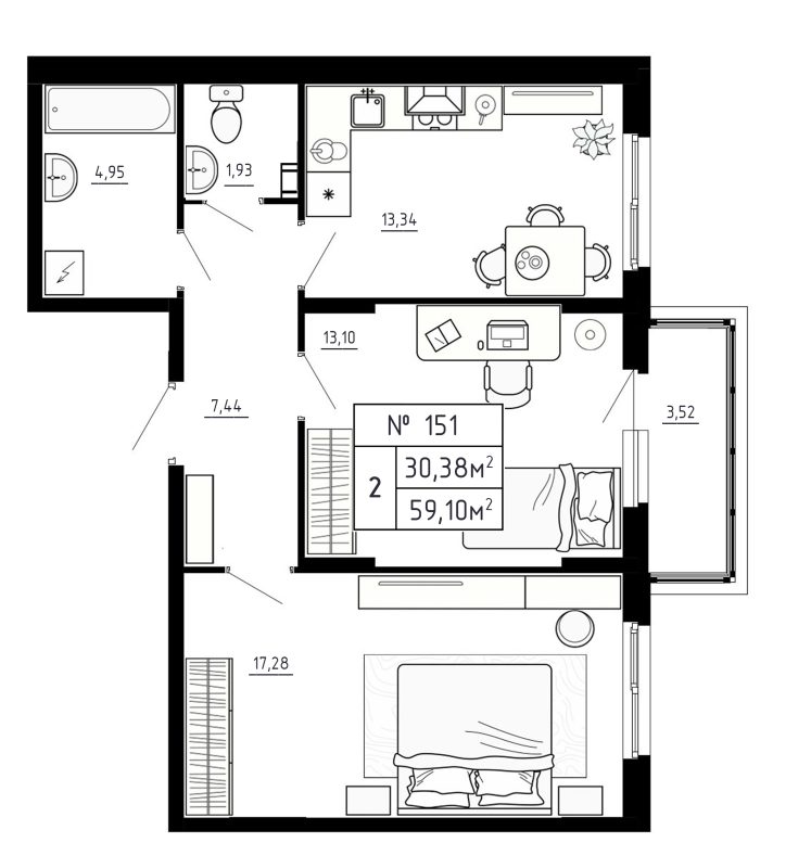 2-комнатная квартира, 59.1 м² в ЖК "Аннино Сити" - планировка, фото №1