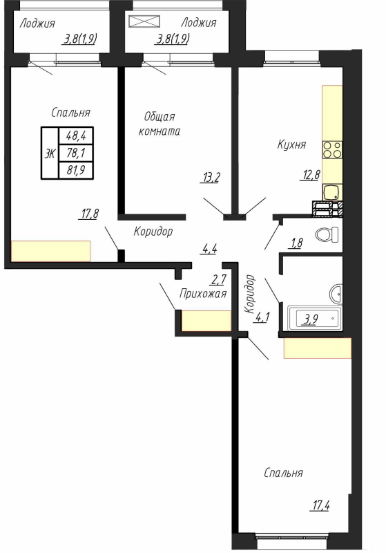 3-комнатная квартира, 81.9 м² - планировка, фото №1