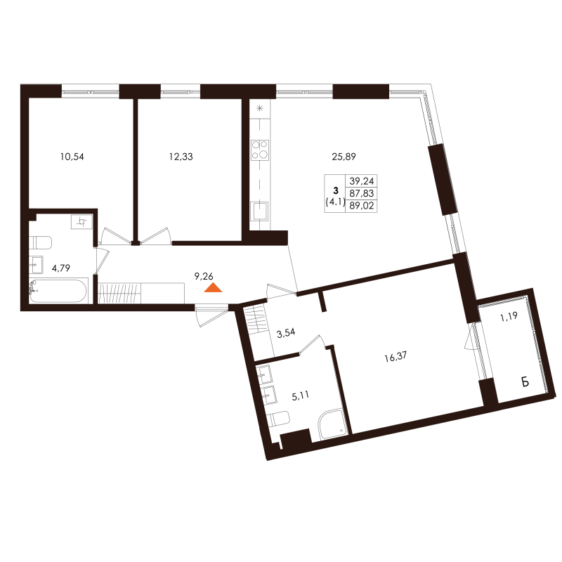4-комнатная (Евро) квартира, 89.02 м² - планировка, фото №1