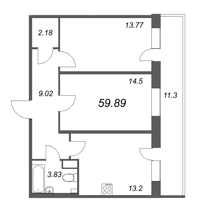 2-комнатная квартира, 59.89 м² - планировка, фото №1