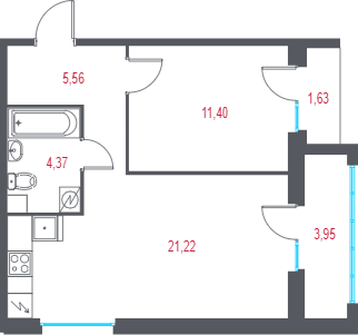 2-комнатная (Евро) квартира, 44.22 м² в ЖК "Город-спутник Южный" - планировка, фото №1