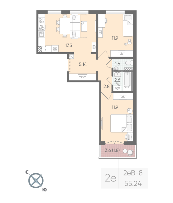 2-комнатная (Евро) квартира, 55.24 м² в ЖК "Пейзажный квартал" - планировка, фото №1