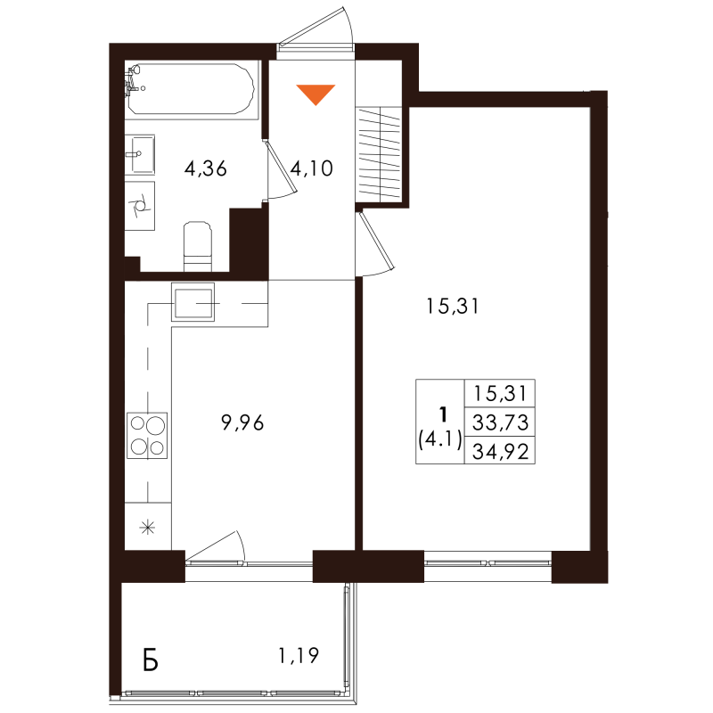 1-комнатная квартира, 34.92 м² в ЖК "Лисино" - планировка, фото №1
