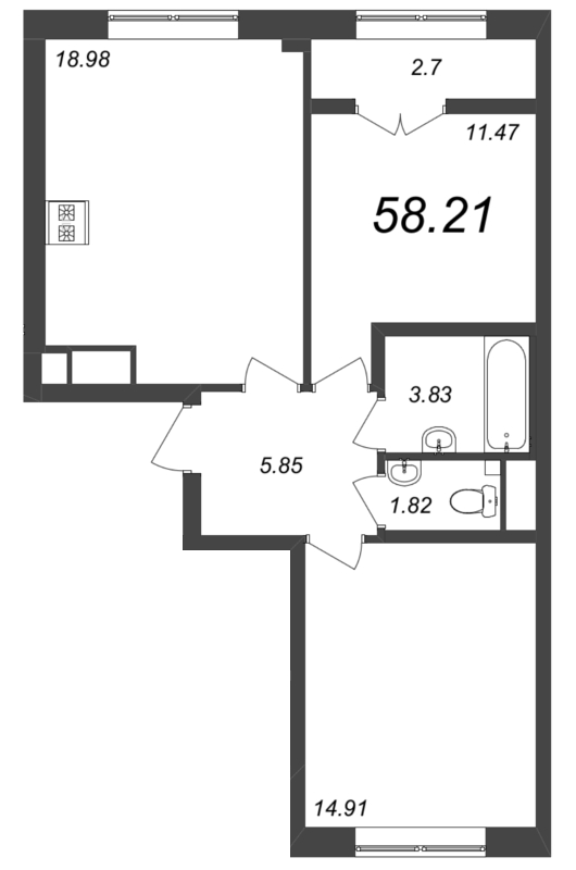 3-комнатная (Евро) квартира, 58.21 м² в ЖК "Neva Residence" - планировка, фото №1