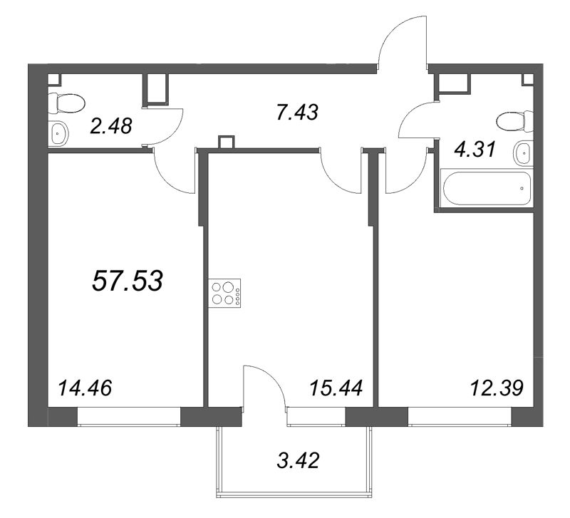 3-комнатная (Евро) квартира, 57.53 м² в ЖК "Охтинские высоты" - планировка, фото №1