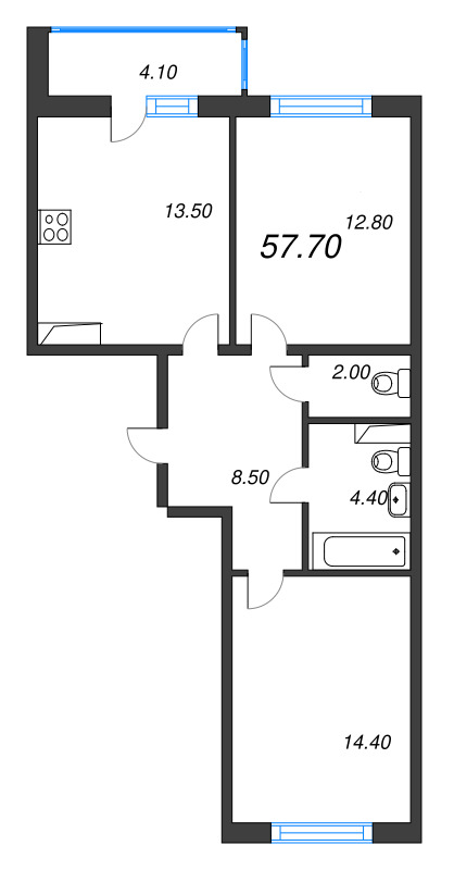 2-комнатная квартира, 57.7 м² - планировка, фото №1