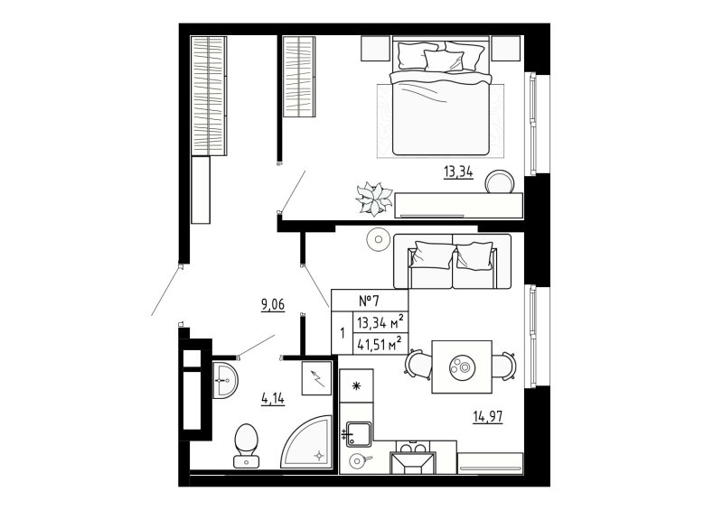 1-комнатная квартира, 41.7 м² в ЖК "Аннино Сити" - планировка, фото №1