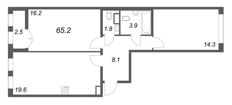 3-комнатная (Евро) квартира, 65.2 м² в ЖК "Кронунг ЮГ" - планировка, фото №1