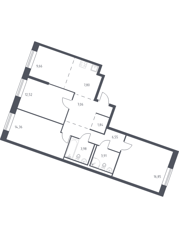 4-комнатная (Евро) квартира, 84.53 м² в ЖК "Квартал Лаголово" - планировка, фото №1