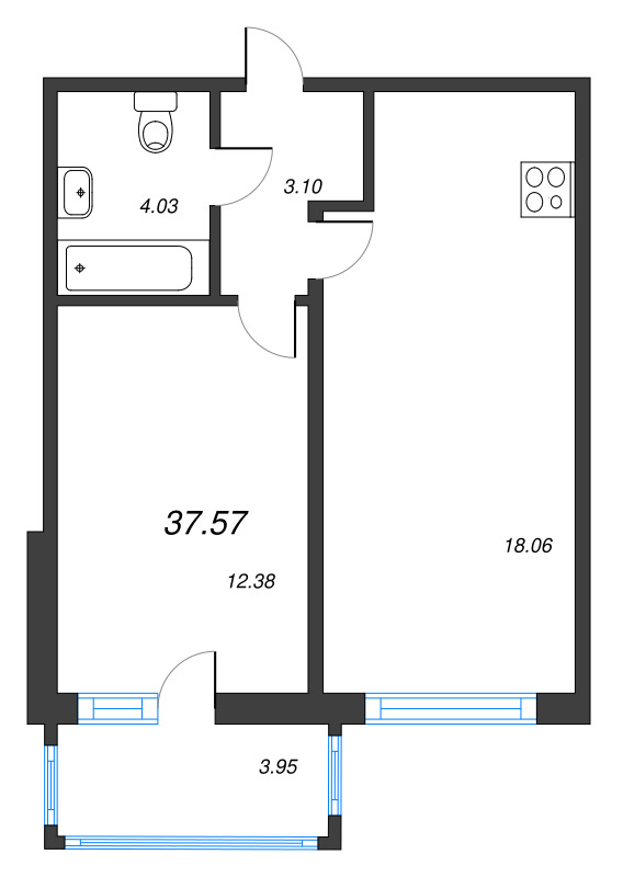 2-комнатная (Евро) квартира, 37.57 м² в ЖК "Полис ЛАВрики" - планировка, фото №1