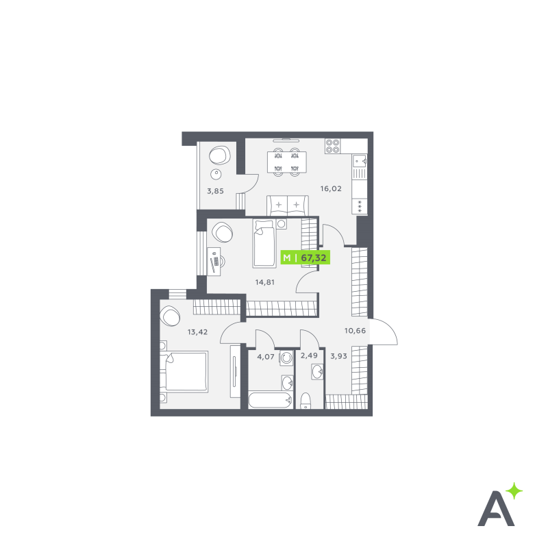 3-комнатная (Евро) квартира, 68.99 м² в ЖК "Аквилон Verba" - планировка, фото №1