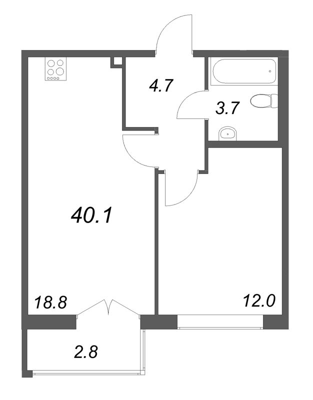 2-комнатная (Евро) квартира, 40.1 м² в ЖК "Кронунг ЮГ" - планировка, фото №1