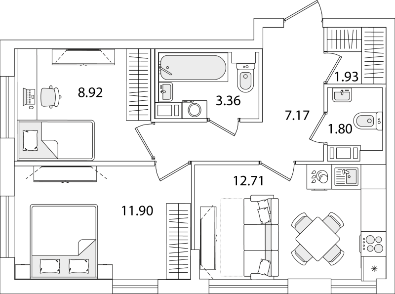 2-комнатная квартира, 47.79 м² - планировка, фото №1