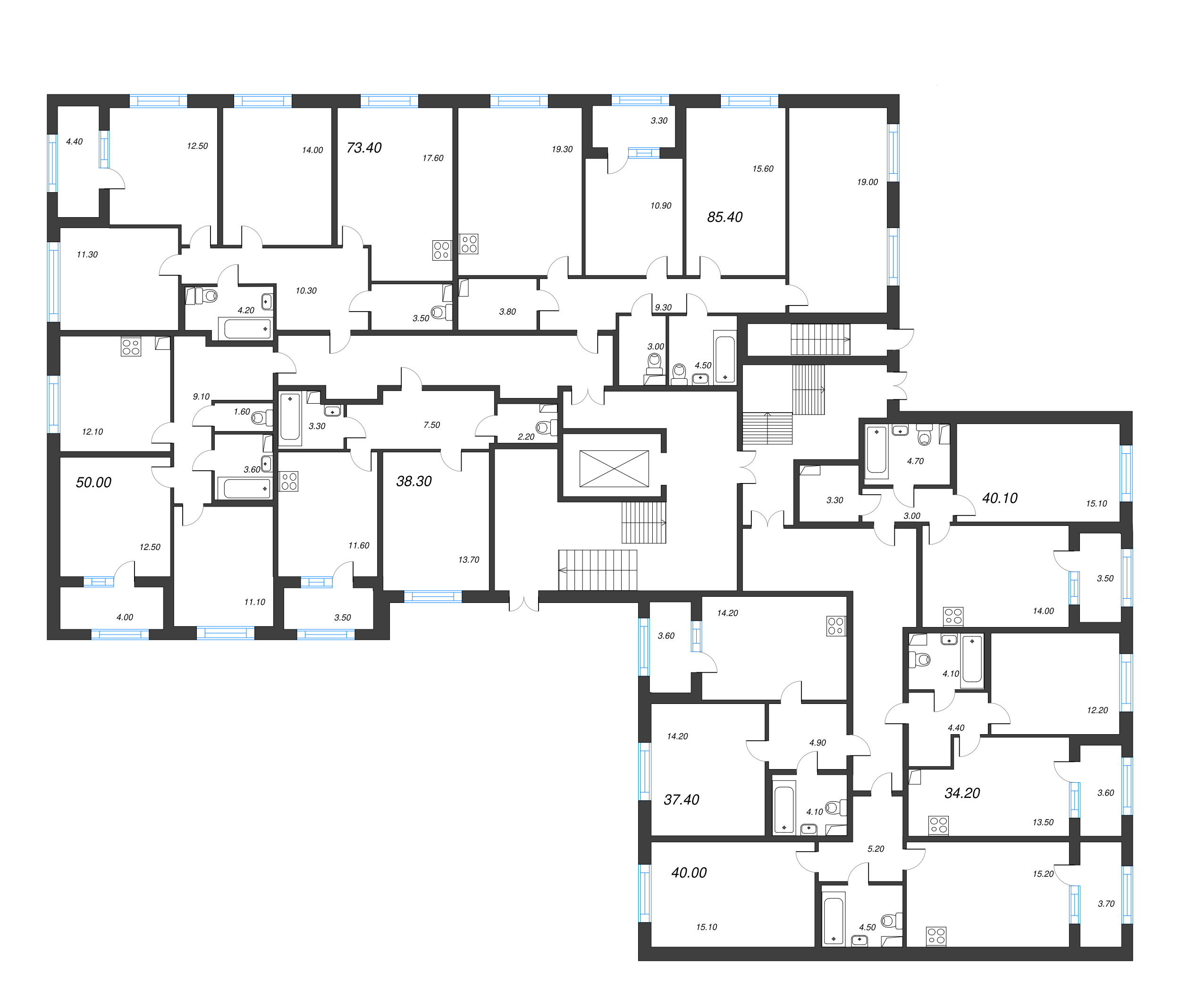 2-комнатная (Евро) квартира, 38.3 м² - планировка этажа