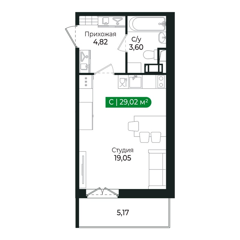 Квартира-студия, 27.3 м² в ЖК "Сертолово Парк" - планировка, фото №1