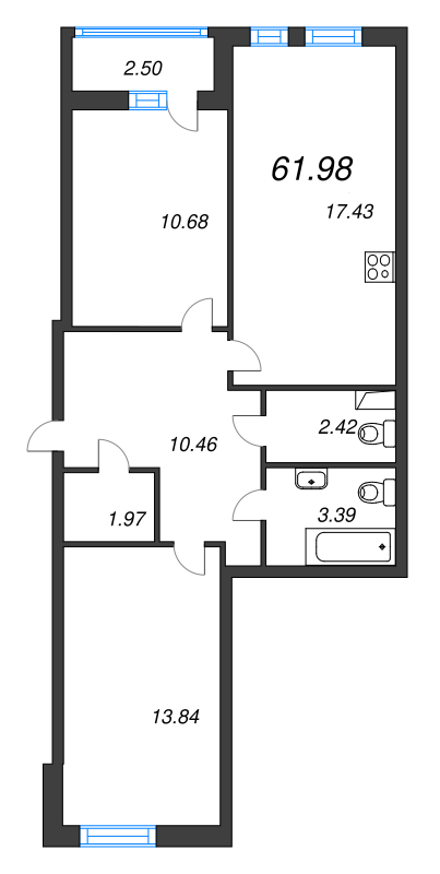 3-комнатная (Евро) квартира, 61.98 м² в ЖК "Master Place" - планировка, фото №1