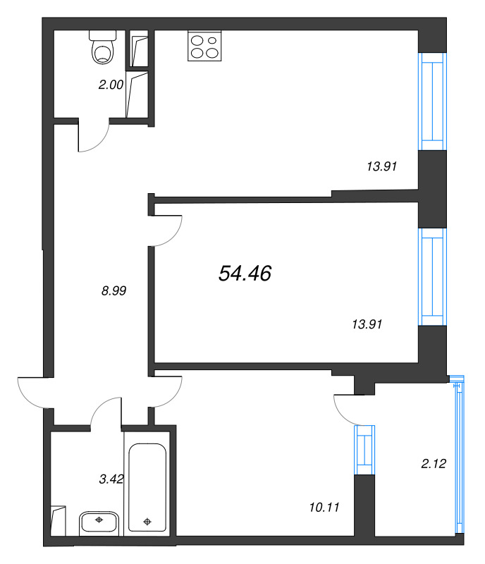 2-комнатная квартира, 54.46 м² в ЖК "Аквилон Верба" - планировка, фото №1