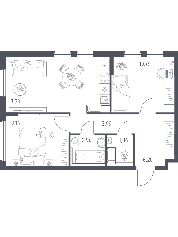 3-комнатная (Евро) квартира, 53.08 м² в ЖК "Новое Колпино" - планировка, фото №1
