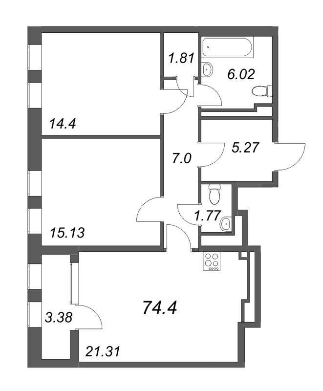 2-комнатная квартира, 74.4 м² - планировка, фото №1