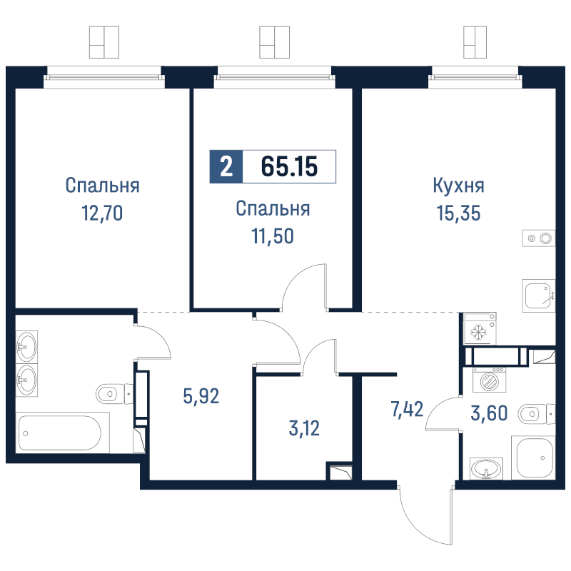 3-комнатная (Евро) квартира, 65.15 м² в ЖК "Максималист" - планировка, фото №1