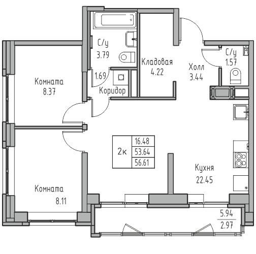 3-комнатная (Евро) квартира, 56.61 м² в ЖК "Юнтолово" - планировка, фото №1