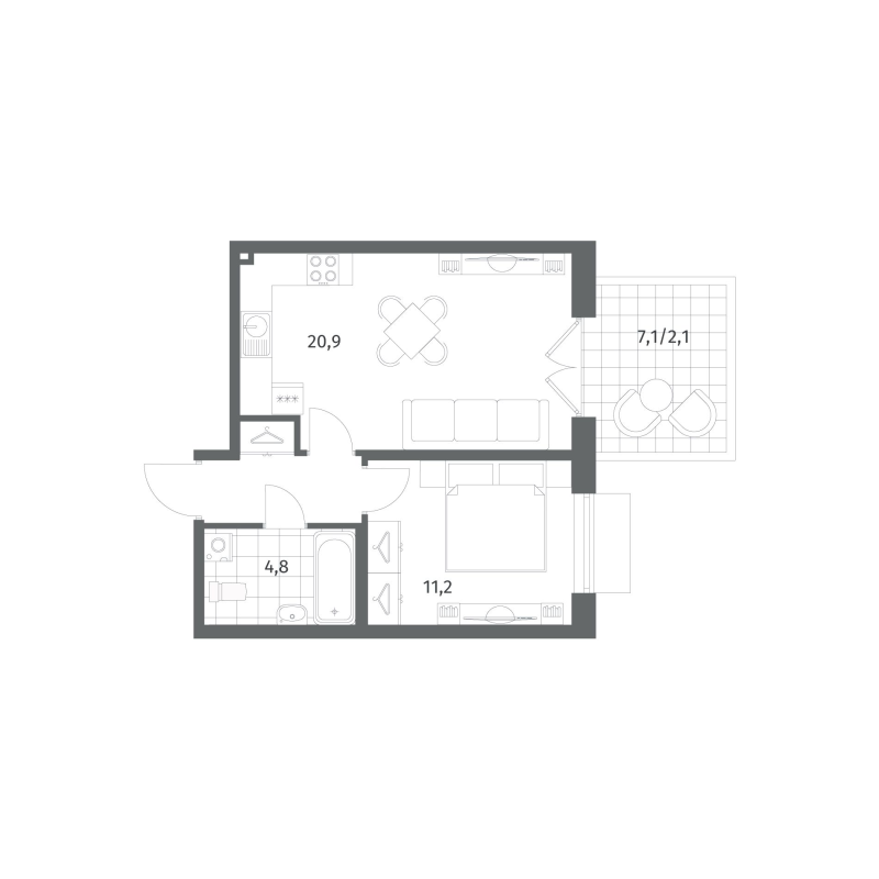 2-комнатная (Евро) квартира, 43.1 м² в ЖК "Парусная 1" - планировка, фото №1