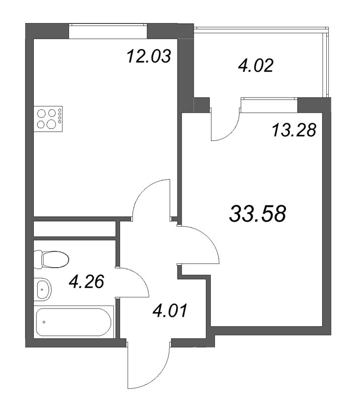 1-комнатная квартира, 33.58 м² в ЖК "ЮгТаун" - планировка, фото №1