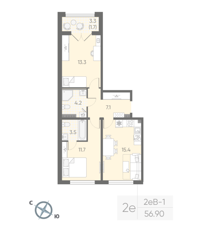3-комнатная (Евро) квартира, 56.9 м² в ЖК "Пулково Lake" - планировка, фото №1